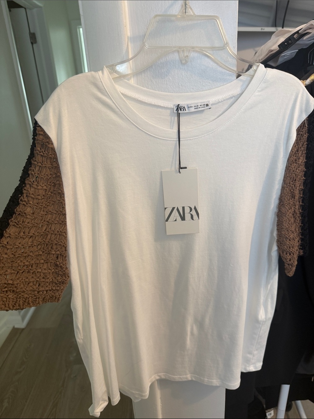 Zara White Tee with Brown and black  Crochet Short Sleeves